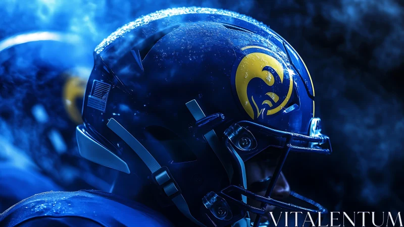 Side profile shows blue football helmet under cold mist
