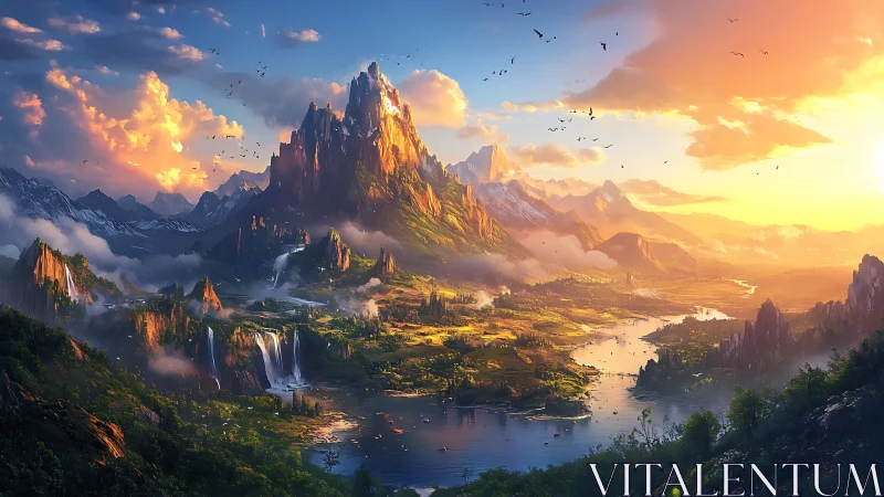 Luminous alpine valley with central spire peak and cascades at dawn