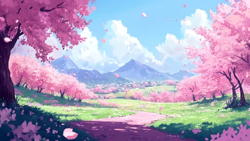 Cherry blossom valley opens under bright spring mountains