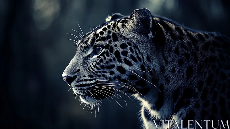Snow leopard profile portrait with dark background.