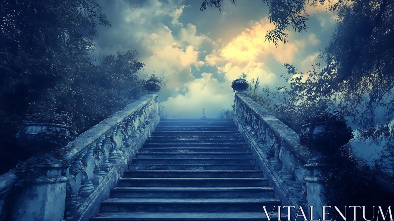 Misty stone staircase leading upward into glowing clouds.