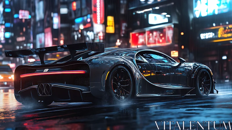 Futuristic hypercar in neon soaked rainy city street scene.