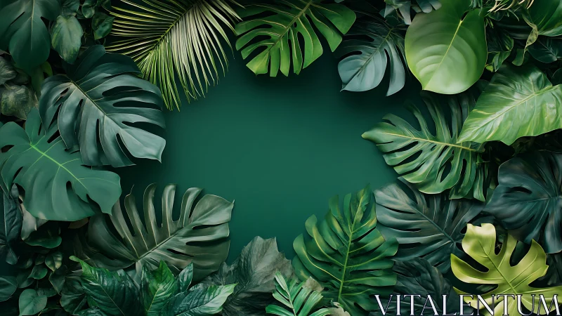 Tropical foliage border framing central matte emerald negative space
