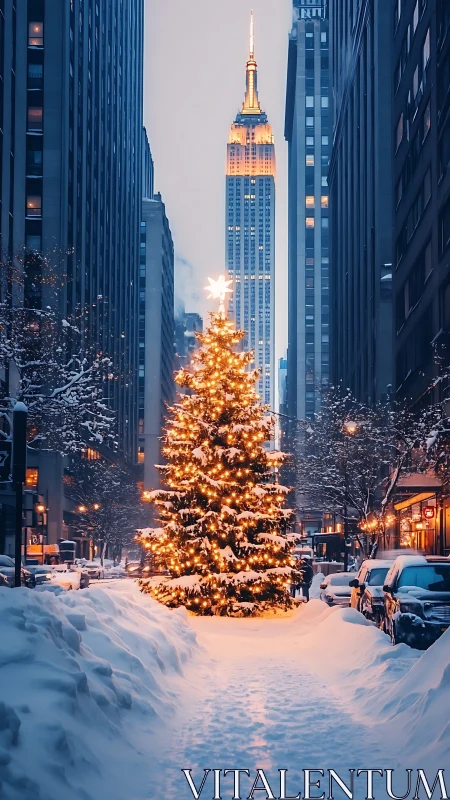 Snowy city avenue glows around a towering Christmas tree