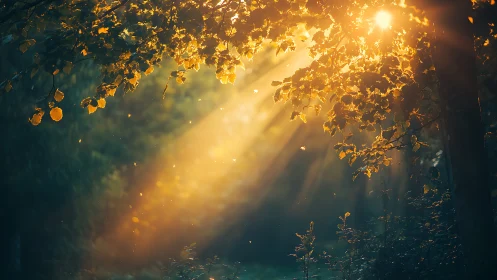 Golden morning sunlight pours gently through quiet forest leaves