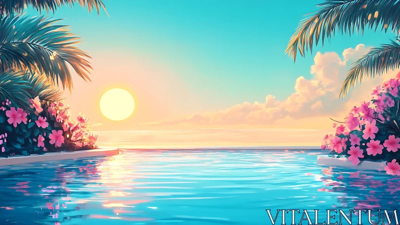 Digital painting of tropical infinity pool at pastel sunset.