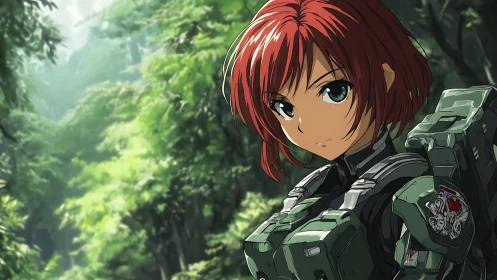 Forest-ready redheaded mecha scout holds quiet resolve.