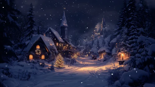 Midnight snowfall over ember-lit winter village hushes dreams.