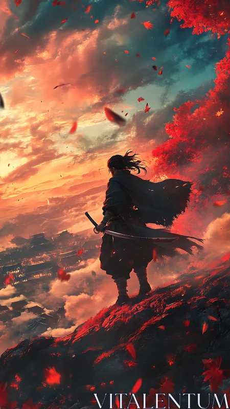 Cinematic samurai silhouette on autumn ridge at burning dusk.