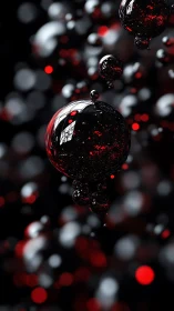 Glossy black spheres suspend over abstract red bokeh field