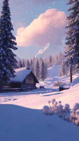 Snowy cabin glow under gentle mountain twilight skies.