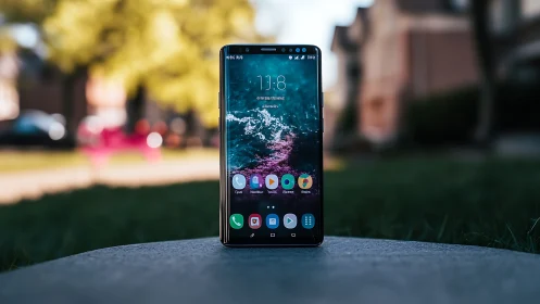 Mobile device displays interface with application icons arranged on surface.