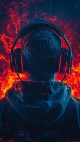 Rear view gamer silhouette with headphones and fire glow.