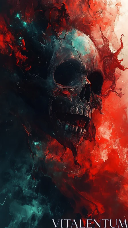 Fiery spectral skull emerges from swirling red and teal mist