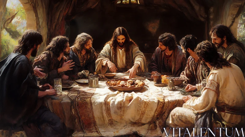 Sacred supper tableau with luminous central figure at table.