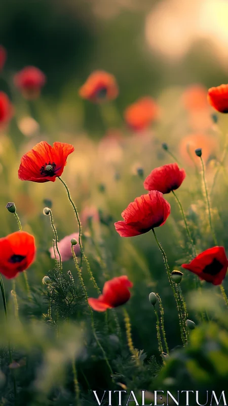 Red poppies bloom across soft-focused field at golden hour.