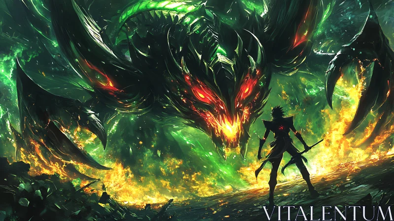 High-intensity fantasy showdown with infernal dragon silhouette.