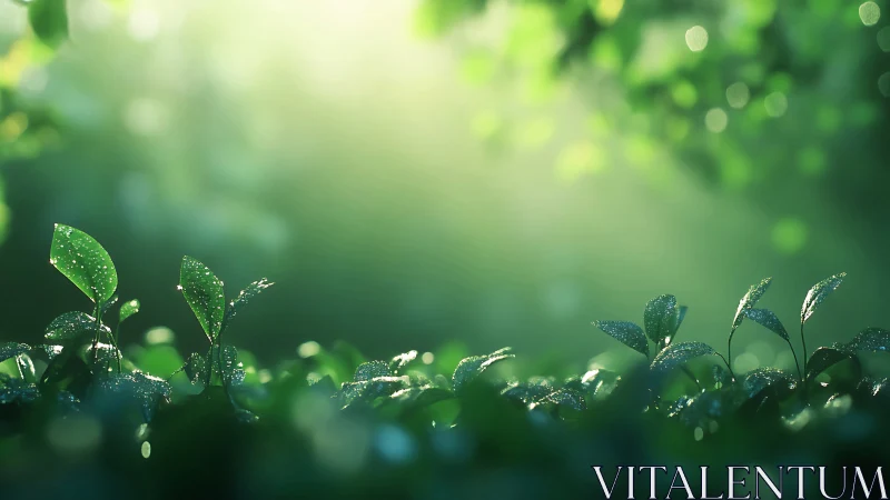 Dewlit leaves greeting a soft emerald morning hush.