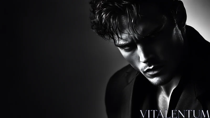 Monochrome portrait shows male subject in directional light