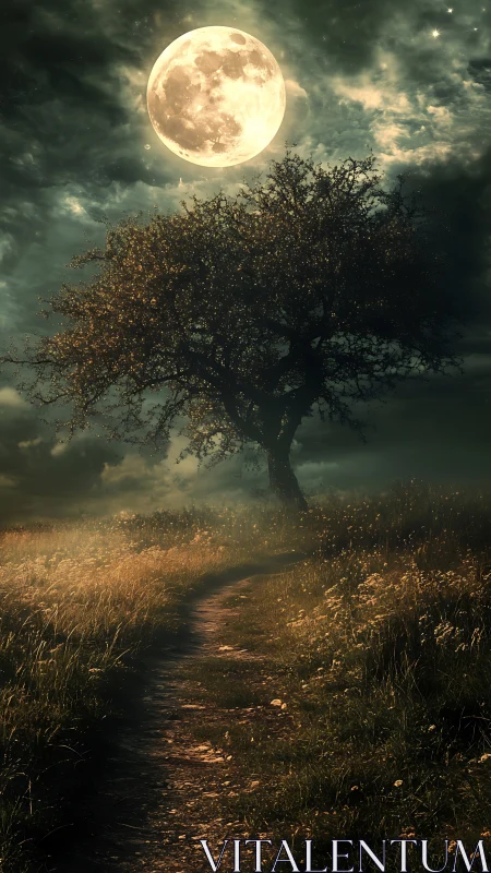 Full moon illuminates lone tree above winding rural path