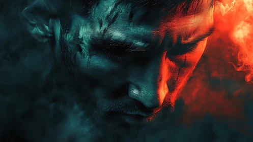 Firelit warrior in teal shadows wrestling inner tempests.
