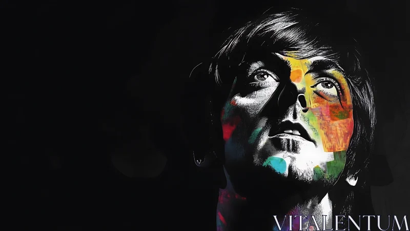 Starlit gaze ignites neon echoes on a monochrome dreamer.