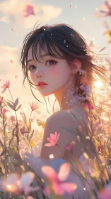 Anime girl in soft sunset field among pink wildflowers.