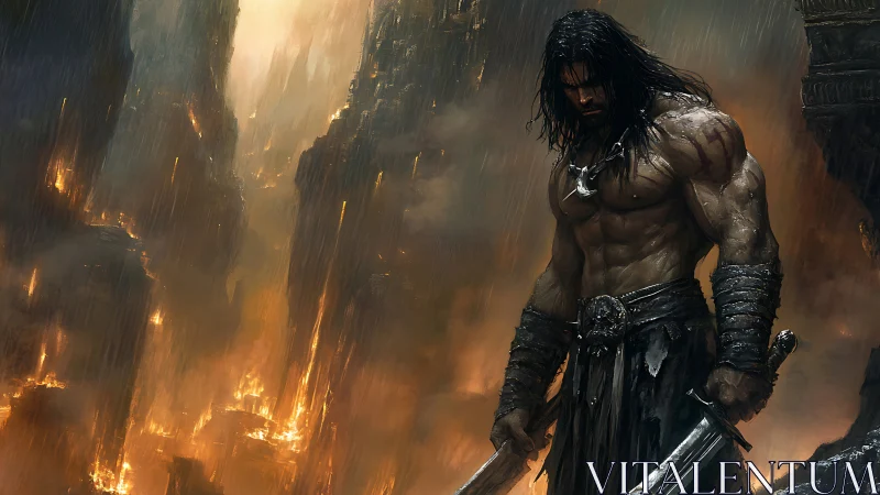 Battle worn warrior standing over burning canyon ruins.