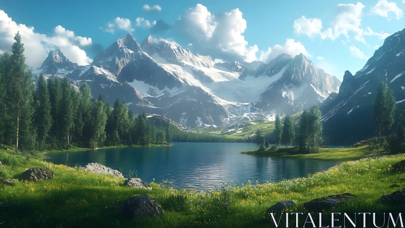 High alpine glacial lake with conifer forest and snow peaks