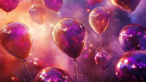Luminous Metallic Balloons Dancing in Purple Radiance.