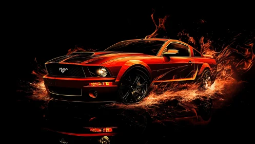 Fiery red muscle car charges through abstract burning trails