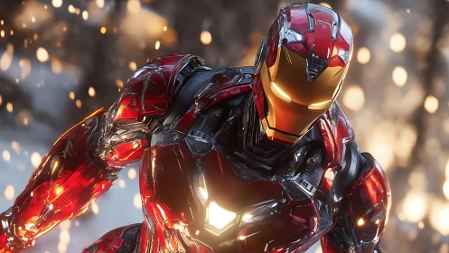 Red metallic armored figure in dynamic frontal view.