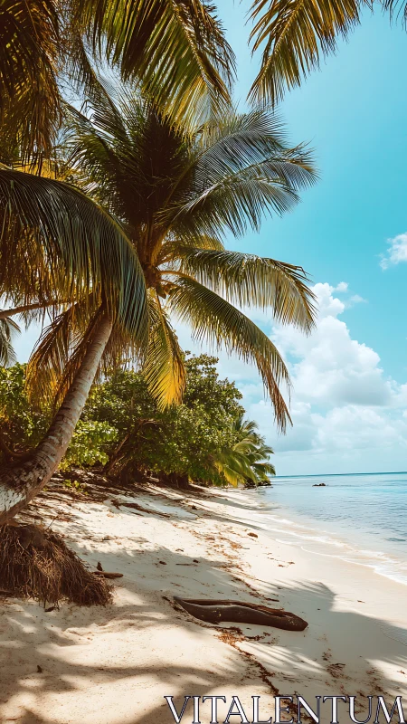 Tropical beach with palm tree and wooden boat at waterline