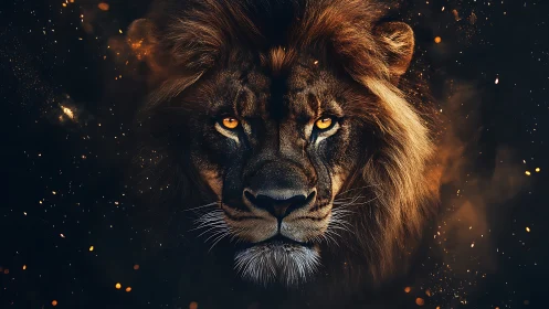 Majestic lion portrait amid glowing ember particles.