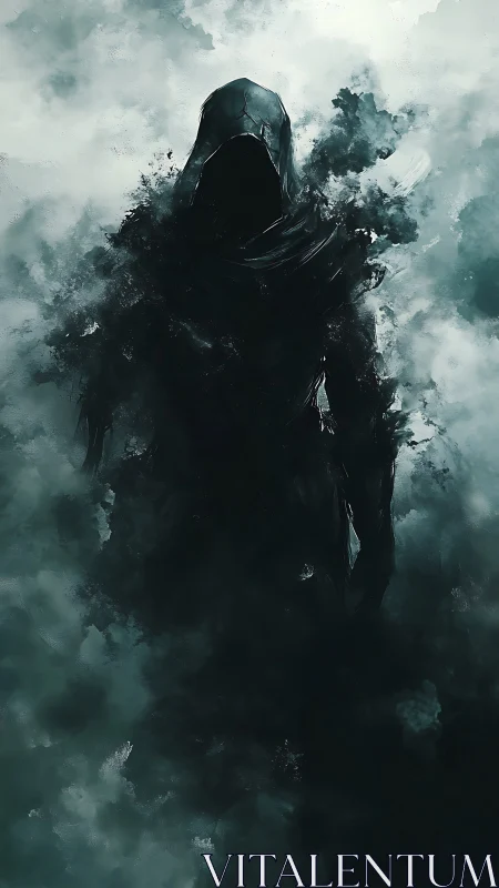 Hooded shadow figure emerging within dense pale mist.