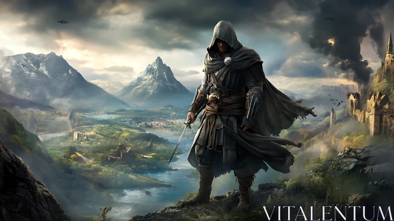 Cloaked swordsman overlooking valley and distant strongholds.