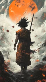 Lone warrior strides toward blazing orange planet sky