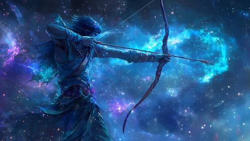 Archer draws glowing bow against dense star-filled nebula sky