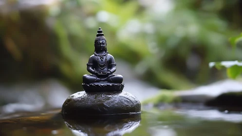 Small dark statue sits on wet stone in shallow water