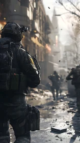 Urban siege guardian in fractured morning light patrols the ruins.