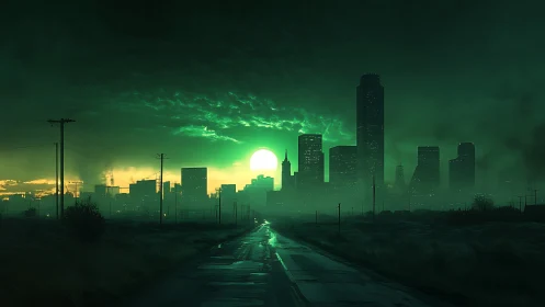 Green-hued city skyline with distant towers at sunset.