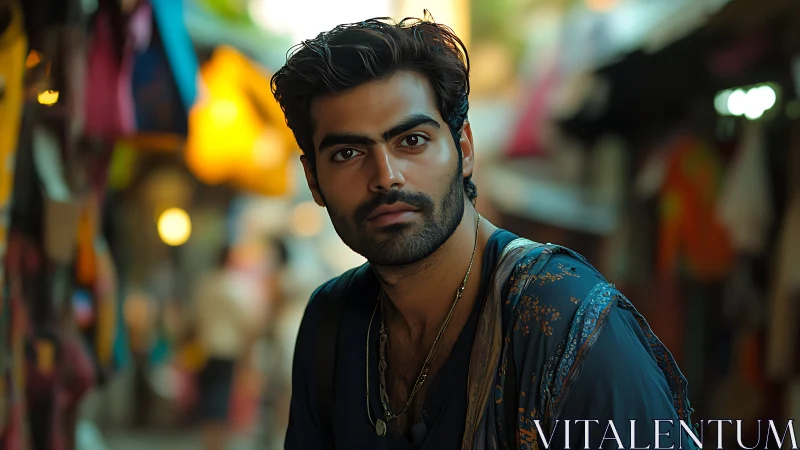 Man with dark hair stands in narrow outdoor market aisle