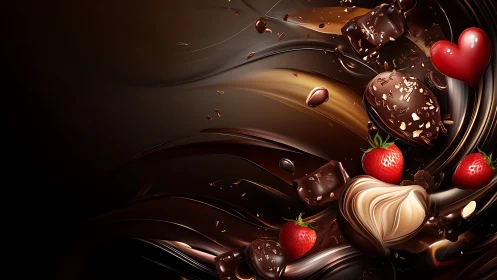 Velvety chocolate swirls with strawberries and sweet hearts.