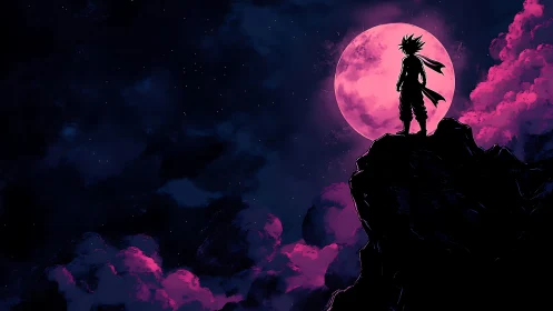 Stargazing warrior silhouetted against electric magenta moon.