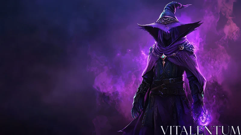 Hooded shadow mage wielding violet arcane firestorm.