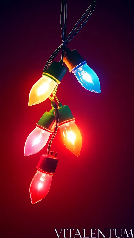 Colorful holiday string lights against deep red background.