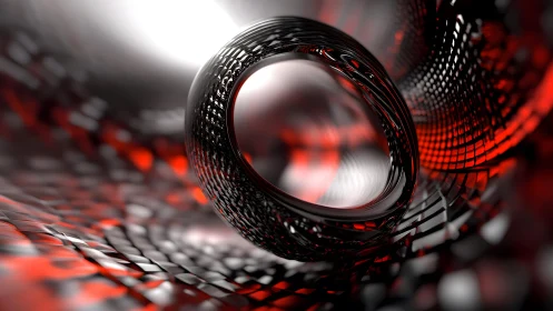 Futuristic abstract tunnel with metallic and red reflections, digital art.