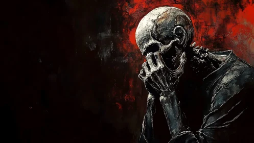 Skeletal figure in despair against textured crimson void.
