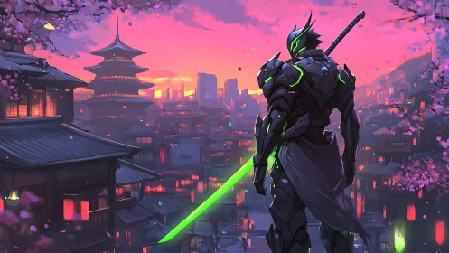 Cybernetic samurai surveys neon city at cherry blossom dusk.