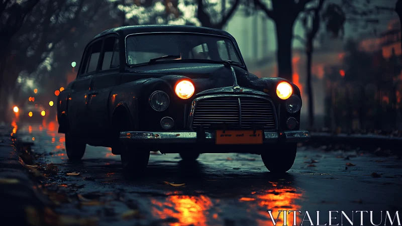 Vintage car&rsquo;s warm headlights cut through a rainy night street